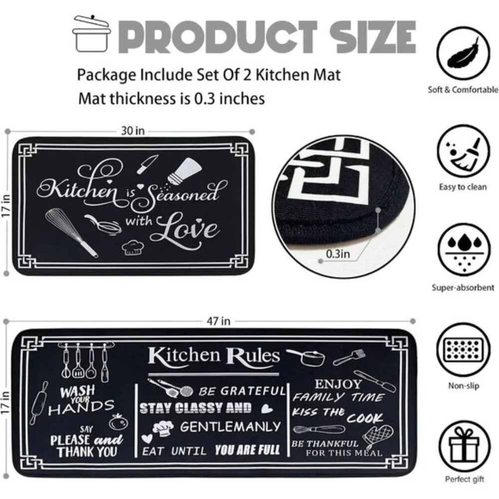 New Black and White Kitchen Rugs, Set of 2 Non-Skid Washable Cushioned Mats